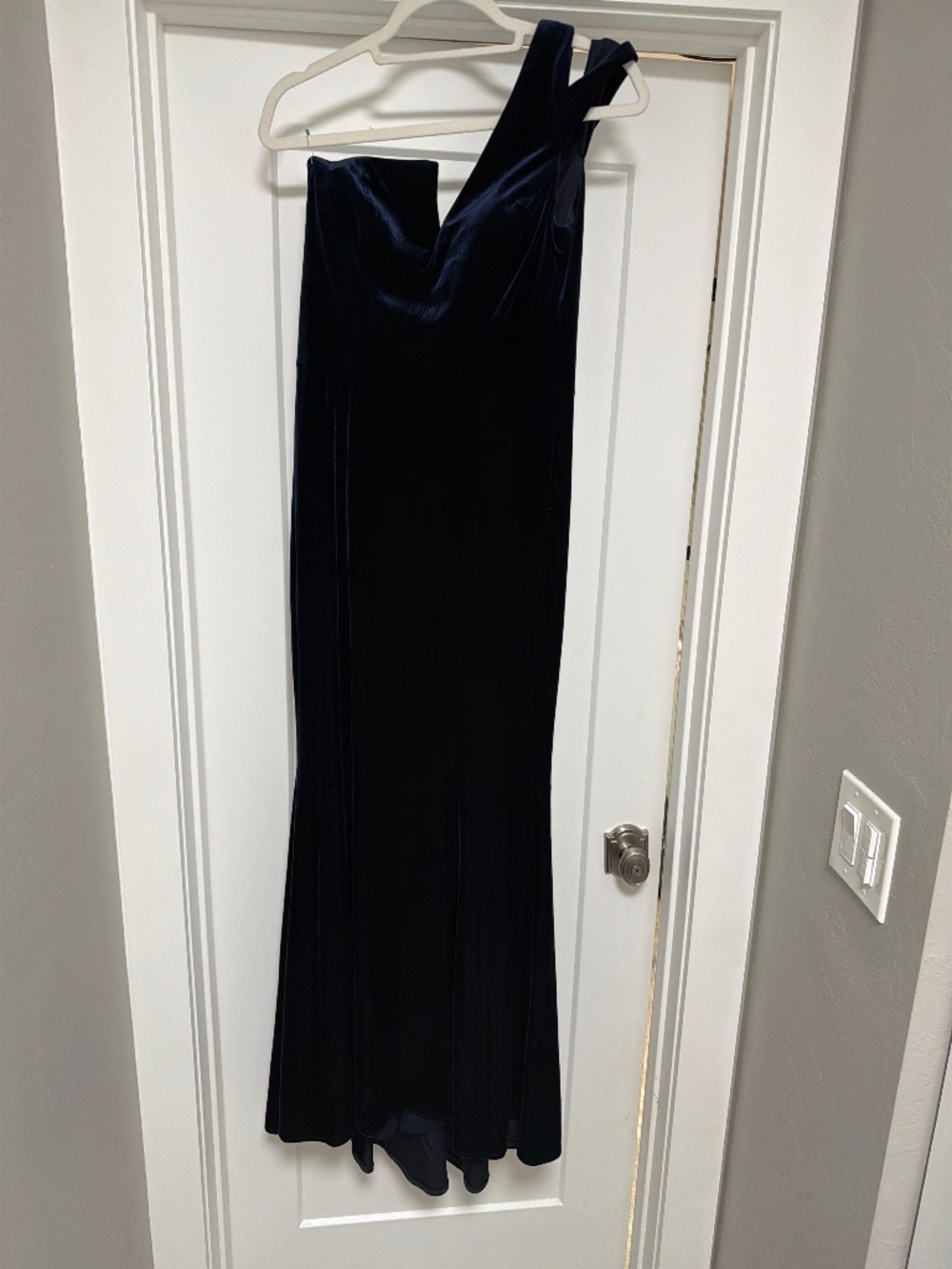 Navy velvet one shoulder long dress